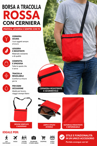 Borsa tracolla rossa con zip - a,
